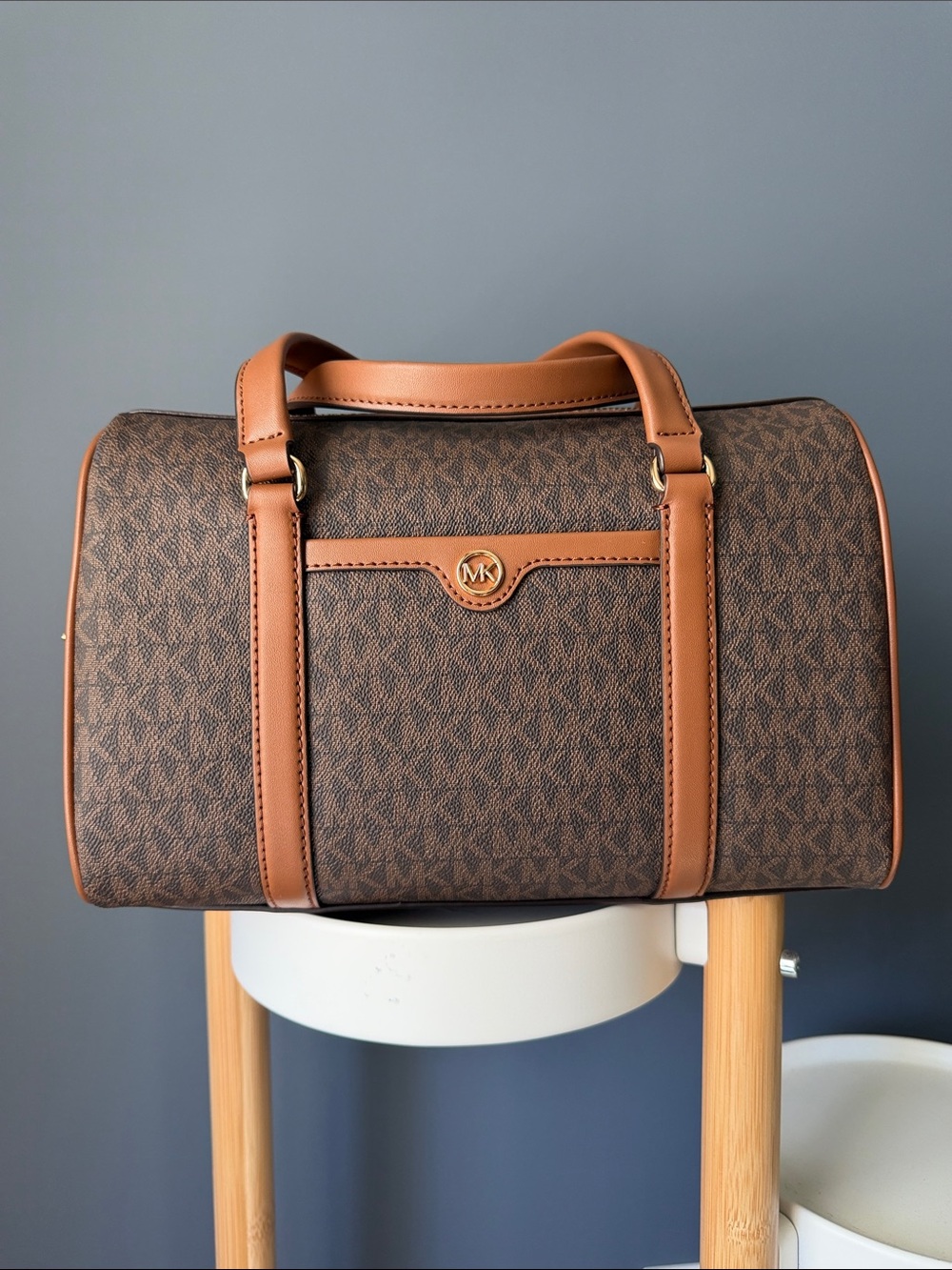 Michael Kors Brown Monogram Duffel with Tan Trim New with tags.